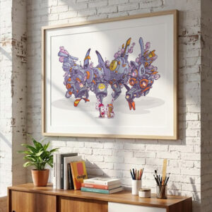 Illustration street art représentant un mecha quadrupède inspiré de l’univers anime, avec bombes de peinture et design rétro-futuriste.