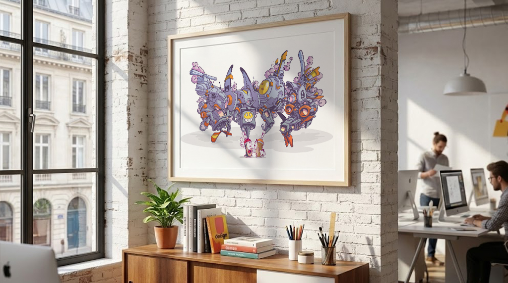 Illustration street art représentant un mecha quadrupède inspiré de l’univers anime, avec bombes de peinture et design rétro-futuriste.