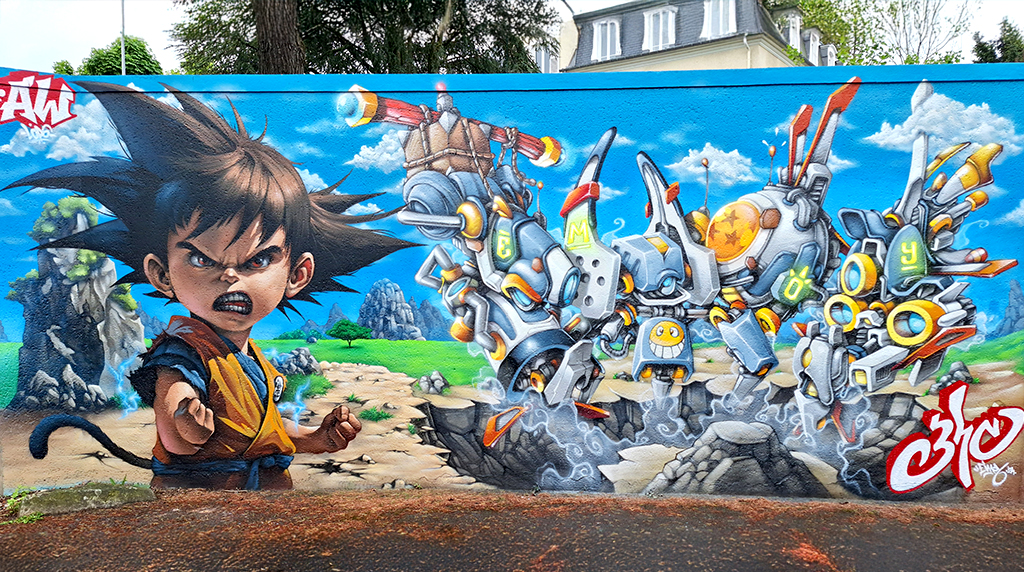 Fresque murale hommage Akira Toriyama avec robot mecha et Son Goku