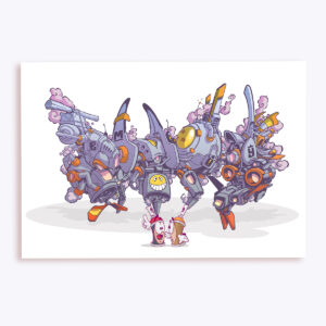 Illustration street art représentant un mecha quadrupède inspiré de l’univers anime, avec bombes de peinture et design rétro-futuriste.